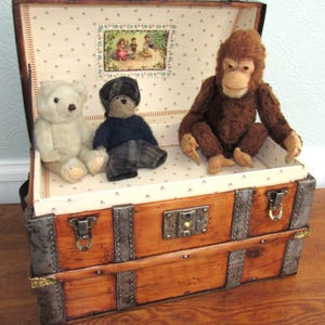 Antique doll trunk vintage Sales sample toy child's teddy bear chest adorable domed steamer chest C-1880 restored with tray & Key ships free