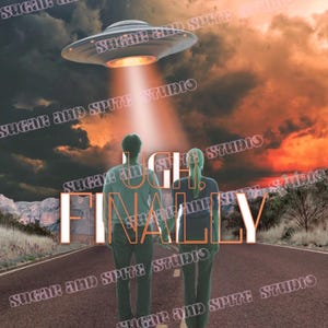Op de afbeelding: Digitale kunstprint met een stel op een weg, verlicht door een straal van een UFO. De lucht is een mix van oranje en donkere wolken. De tekst "UGH, FINALLY" is over de afbeelding geplaatst.