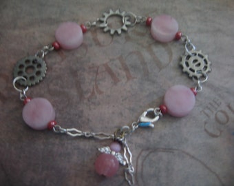 Gears and Angel Chain Bracelet with Pink Beads with handmade card