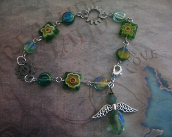 Gears and Angel Chain Bracelet with Green Glass Beads with handmade card