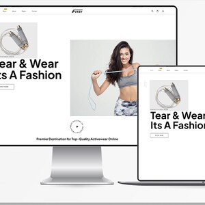 Könnte beinhalten: Website-Startseite für eine Bekleidungsmarke namens "Tear & Wear Its A Fashion". Die Website hat einen weißen Hintergrund mit schwarzem Text und Bildern von Menschen, die Sportbekleidung tragen. Der Text "Tear & Wear Its A Fashion" wird in großen, fetten Buchstaben oben auf der Seite angezeigt. Die Website zeigt auch ein Produktbild eines Springseils.