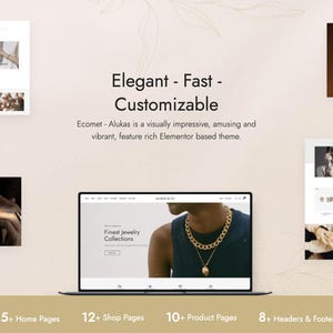 Può includere: Un design di sito web che mostra gioielli, con il testo "Elegante - Veloce - Personalizzabile". Il sito presenta immagini di collane e altri gioielli. Il testo "Summer Magic" è anch'esso visibile. Il sito ha 15+ pagine home, 12 pagine shop, 10+ pagine prodotto e 8+ intestazioni e piè di pagina.