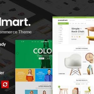 Może przedstawiać: Projekt strony internetowej dla responsywnego motywu WooCommerce, Woodmart, z zielonym banerem wyświetlającym "wersja 4.1". Witryna prezentuje ekspozycje produktów, w tym meble i reklamę alkoholi. Podkreśla funkcje takie jak sklep AJAX i filtry kolorów.