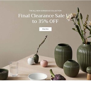 May include: A still-life arrangement featuring various ceramic vases in shades of green and pink, along with wooden salt and pepper grinders, a pitcher, and a bowl. The text "Final Clearance Sale Up to 35% OFF" is displayed.