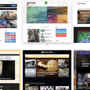 May include: A collection of website homepages with various designs. The sites feature articles, videos, and news content. One site displays a lion photo, while another showcases cryptocurrency information.