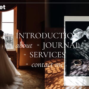 May include: A bride in a white wedding dress stands near a window. A white box with a silver bow and two gold rings is displayed. The text on the image reads "INTRODUCTION about JOURNAL SERVICES contact me."