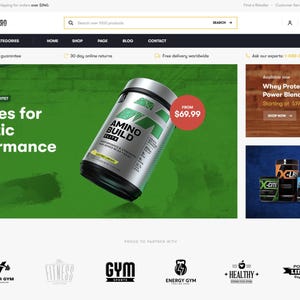 May include: A website for athletic supplements with a green background and a large image of a protein powder container labeled "Amino Build". The website also features images of other supplements and a banner that says "Recipes for athletic performance".