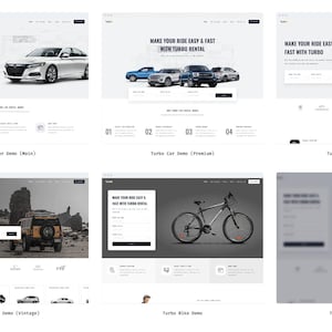 Può includere: Sei diversi design di siti web per un'azienda di noleggio auto. I design presentano una varietà di auto, tra cui una berlina, un SUV e una bicicletta. Il testo sul sito web dice "Rendi il tuo viaggio facile e veloce con Turbo Rental".