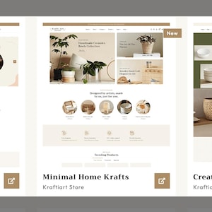 Könnte beinhalten: Drei Website-Mockups für den Kraftiart Store, die Keramik, minimalistische Wohnkultur und kreatives Kunsthandwerk präsentieren. Jedes Mockup hat ein klares, modernes Design mit neutralen Farbpaletten, Produktbildern und Text.