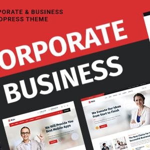 May include: A website design company's homepage with the text "Bizix Corporate & Business Wordpress Theme" and "Corporate Business" in large red letters. The homepage features images of people working on computers and a variety of other business-related activities.