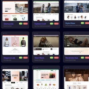 May include: Six different website designs for online clothing stores. Each website features a different color scheme and design aesthetic. The websites are titled "Glamourize", "Fashion Craft", "Style Vibes", "Elegance Lab", "Glam Wave", and "Wardrobe Hub".