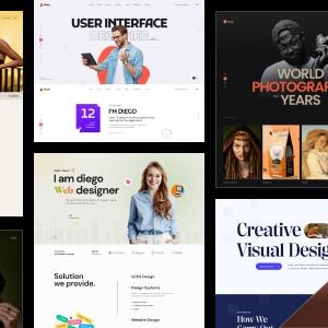 May include: A website design portfolio showcasing a web designer's work. The website features a modern design with a dark background and a light text. The website includes a photo of the designer, a list of services offered, and a call to action.