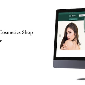 Könnte beinhalten: Ein Computerbildschirm zeigt eine Website für einen Kosmetik- und Schönheitsshop. Die Website zeigt ein Model mit neutralem Gesichtsausdruck und den Text "The Perfectly Hydrated Skin".