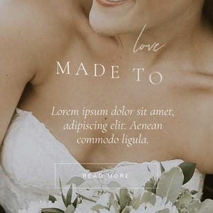 May include: A couple embrace, the woman smiling brightly, with a bouquet of white flowers and greenery in the foreground. The text "love MADE TO" is superimposed on the image.