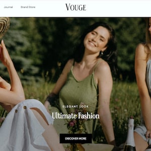 May include: Three women wearing summer dresses and hats pose in a field of green grass. The text "ELEGANT LOOK Ultimate Fashion DISCOVER MORE" is displayed on the image.