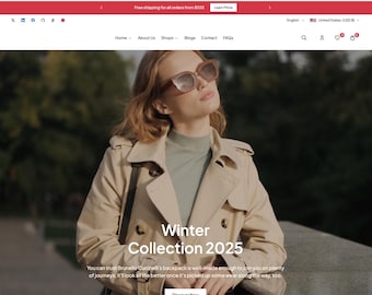 May include: A woman wearing a beige trench coat and sunglasses stands in front of a blurred background. The text "Winter Collection 2025" is displayed below her.