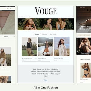 Könnte beinhalten: Drei Screenshots von Websites, die verschiedene Modekategorien präsentieren: Klassische Mode, All-in-One-Mode und Unterwäsche. Jeder Screenshot zeigt verschiedene Bilder von Models, die verschiedene Kleidungsstile tragen.