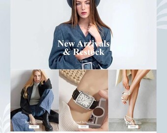 May include: A website homepage for a clothing and accessories store called "vogal". The homepage features a model wearing a gray jacket and a black belt, with the text "New Arrivals & Restock" above her. The homepage also features images of a watch, a pair of shoes, and a woman wearing a black turtleneck and blue jeans.