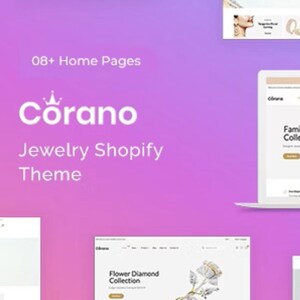 Könnte beinhalten: Ein Website-Mockup für ein Juweliergeschäft mit dem Corano Shopify-Theme. Die Website bietet eine Auswahl an Schmuck, darunter Halsketten, Ohrringe und Armbänder. Die Website hat auch ein sauberes und modernes Design mit Fokus auf hochwertige Bilder und einfache Navigation.