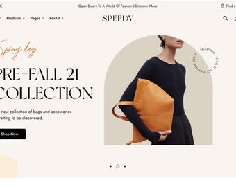 May include: A website homepage for a fashion brand called "Speedy". The page features a model wearing a black sweater and a large, orange leather tote bag. The text "Spring day" and "PRE-FALL 21 COLLECTION" is displayed in a bold, black font. The text "The new collection of bags and accessories is waiting to be discovered." is displayed below the collection name. A "Shop Now" button is displayed below the text.