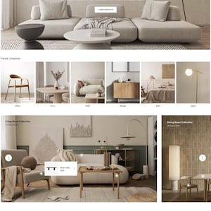 May include: Website homepage featuring the "Ergo Sofa Collection" with a large sectional sofa, coffee table, and floor lamp. Other categories include chairs, tables, sofas, storage, beds, and lamps. The page also showcases living and dining room collections.
