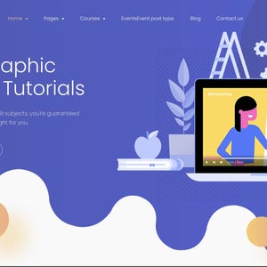 Puede incluir: Una interfaz de sitio web con el texto "Free Graphic Design Tutorials". La imagen presenta una computadora portátil que muestra un tutorial, una manzana, libros y un personaje de dibujos animados. Un personaje de dibujos animados está sentado encima de la computadora portátil.