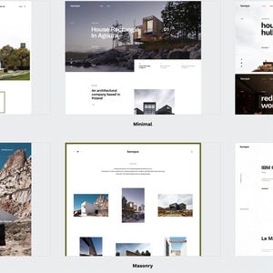 May include: Six different website designs for an architecture firm. The designs include a default layout, a minimal layout, a grid background layout, a masonry layout, a parallax layout, and a vertical slider layout. Each design features images of modern homes and buildings.