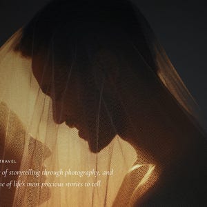 May include: A softly lit image featuring two figures, one veiled, in silhouette. The warm, golden tones create a romantic atmosphere. Text at the bottom mentions wedding photography and storytelling.