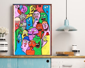 Trippy Monster Hat Party Cartoon Artwork - Digital Download Wall Art - Printable Home Decor