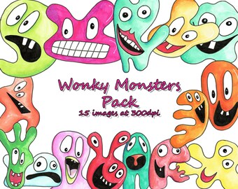 15 Mini Silly Monster Faces Clipart Doodles - Digital Instant Downloads - Cute Mini Icon Art for Small Business Commercial Use