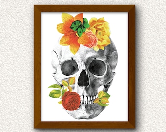 Skull and Flowers Gothic Collage Art - Digital Download Wall Artwork - Printable Home Decor - vintage anatomical