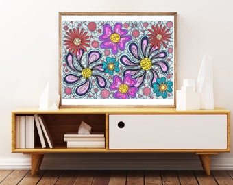 Maximalist Flowers and Lines Artwork - Digital Download Wall Art - Printable Home Decor