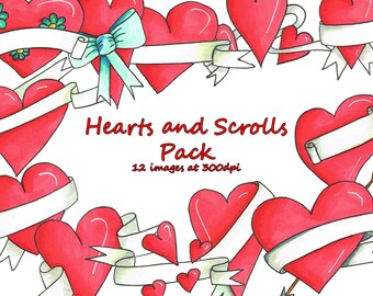 12 Red Heart and Scrolls Clipart Doodles - Digital Instant Downloads - Cute Mini Icon Art for Small Business Commercial Use