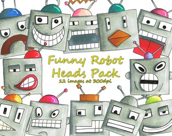 12 Cute Silly Robot Head Faces Clipart Doodles - Digital Instant Downloads - Cute Mini Icon Art for Small Business Commercial Use