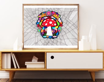 Maximalist Trippy Mushroom Psychedelic Artwork - Digital Download Wall Art - Printable Home Decor