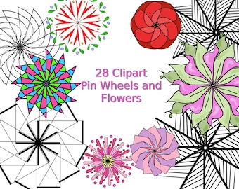 28 Pinwheels Circle Flowers  Set Clipart Doodles - Digital Instant Downloads Cute Mini Icon Art for Small Business Commercial Use pin wheels