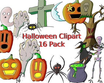 16 Hand Drawn Halloween Set Clipart Doodles - Digital Instant Downloads - Cute Mini Icon Art for Small Business Commercial Use - Spooky