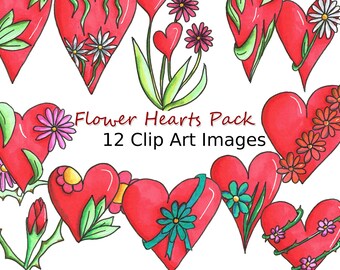 12 Flower and Red Heart Clipart Doodles - Digital Instant Downloads - Cute Mini Icon Art for Small Business Commercial Use