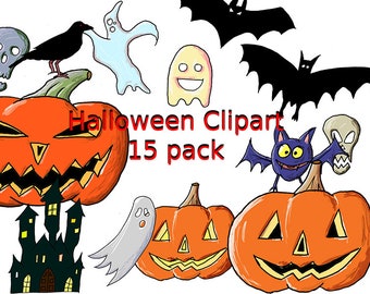 15 Hand Drawn Halloween Set Clipart Doodles - Digital Instant Downloads - Cute Mini Icon Art for Small Business Commercial Use - pumpkins