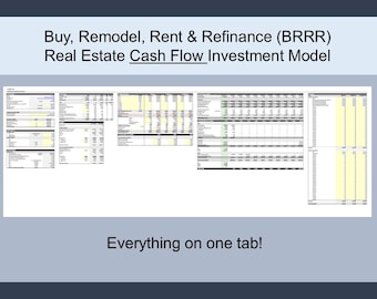 May include: A presentation slide with the text "Buy, Remodel, Rent & Refinance (BRRR) Real Estate Cash Flow Investment Model." Several spreadsheets are displayed, with the text "Everything on one tab!" at the bottom.
