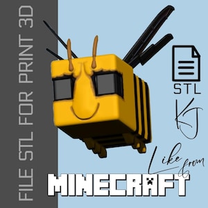 Può includere: Un'ape gialla e nera renderizzata in 3D dal gioco Minecraft, con un volto sorridente e ali nere. L'immagine include il testo "FILE STL FOR PRINT 3D" e "MINECRAFT".