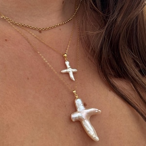 Gold Freshwater Pearl Cross Necklace: 18k Gold Stainless Steel Chain