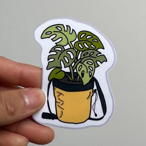 Plante Monstera dans un sac de craie d'escalade, autocollant en vinyle résistant à l'eau, laminé brillant, découpé avec des matrices