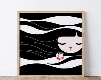 Könnte beinhalten: Schwarz-weiß-Illustration einer Frau mit langen, fließenden Haaren. Ihre Augen sind geschlossen und sie hat rote Lippen. Ihre Hand ist mit rotem Nagellack sichtbar.