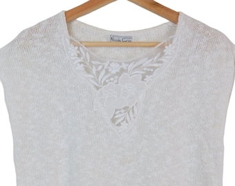 Vintage 90s Women's White Lace Front Short Sleeve Sweater by NICOLE CURIE