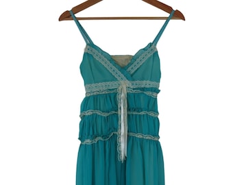 VINTAGE 70s 80s Women's Teal Blue Nighty Cream Lace Trim Nightgown