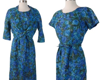 Vintage 50s Women's Blue Floral Bow Dress Suit by WOLF COHN Sheath & Jacket