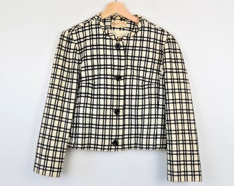 Vintage 1960s Black White Windowpane Plaid Cropped Jacket | Peck & Peck Short Blazer| Women's Bust 34