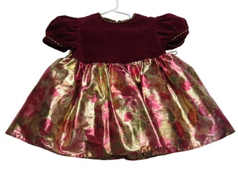 Vintage 80s GOOD LAD Toddler Holiday Dress Burgundy Velvet Gold Lame Size 2T