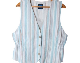 Vintage JANTZEN Women's Pale Blue Taupe Cream Peach Yarn Dyed Stripe Vest